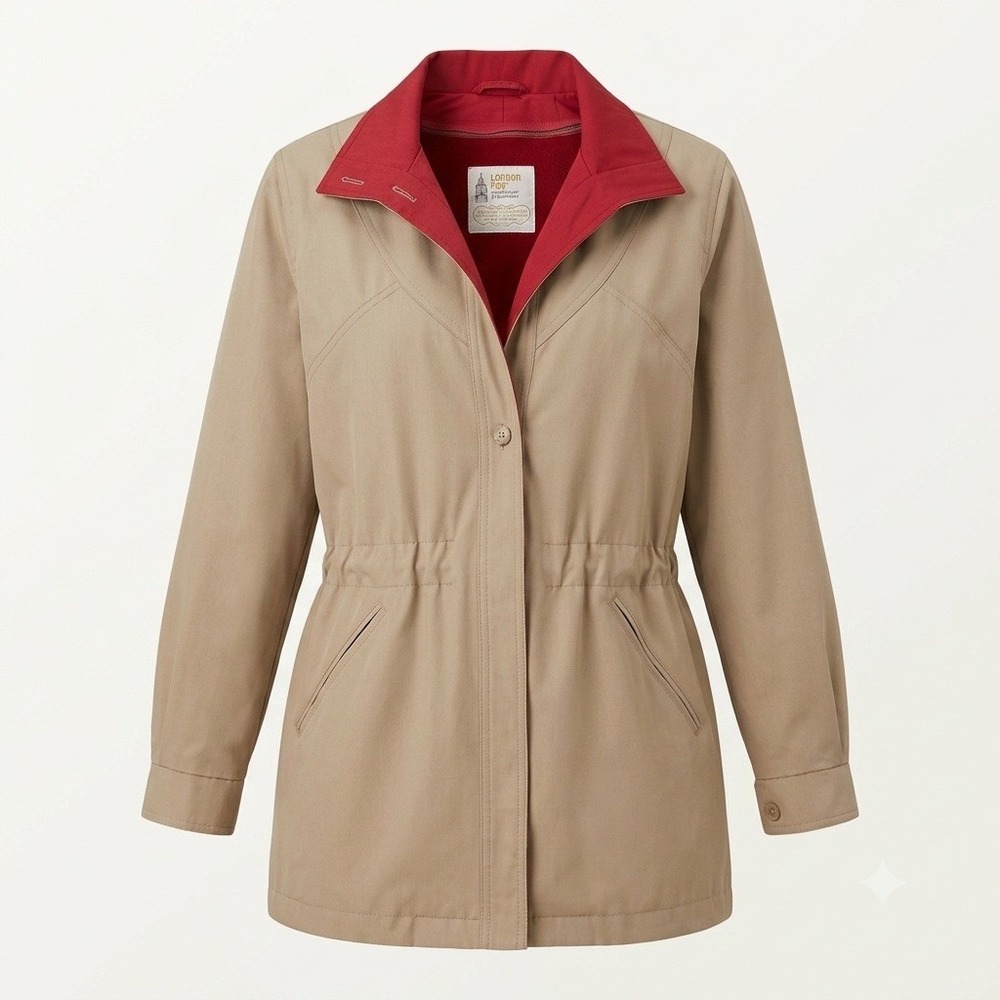 London Fog Vintage Tan Rain Jacket Red Lining Button Front Coat Womens 10 Reg